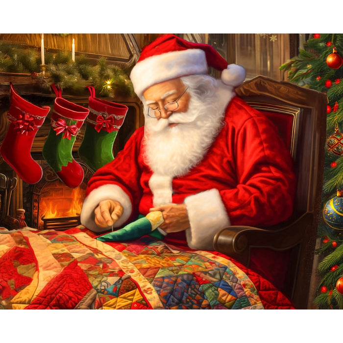 Santa Claus sitting by a fireplace with stockings, surrounded by Christmas decorations.