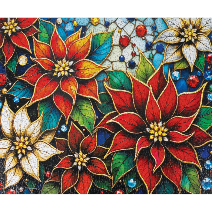Colorful mosaic of poinsettias and other flowers with a stained glass effect.