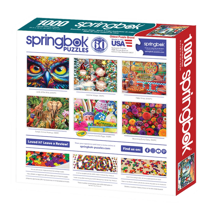 Springbok Puzzles packaging with colorful images of puzzles on a white background