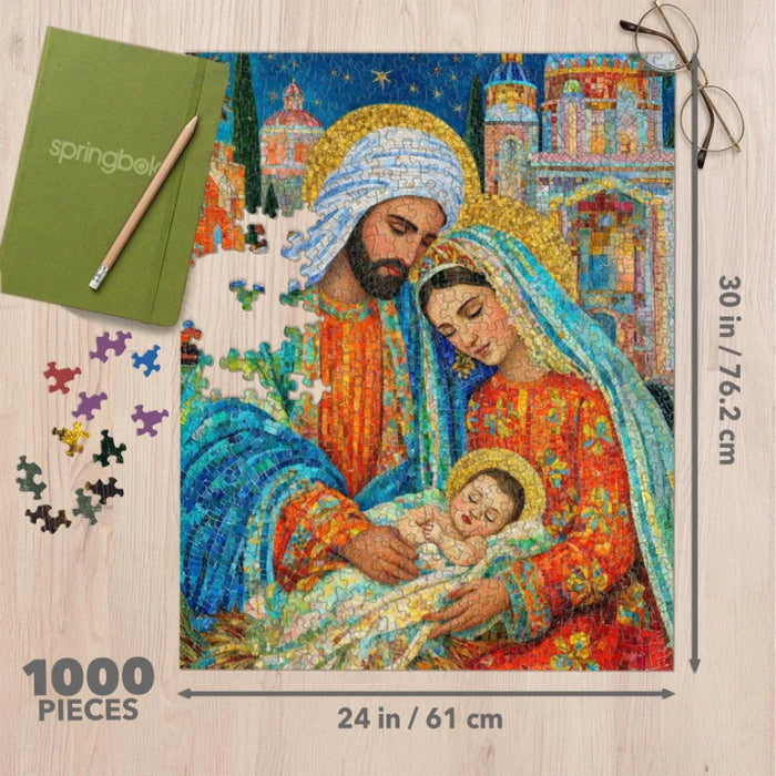 This Springbok A King is Born 1000 Piece Jigsaw Puzzle features rich, detailed artwork of the birth of Jesus.
