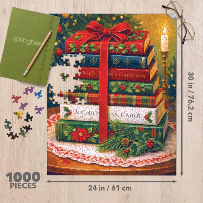 The Springbok Holiday Classics 1000 Piece Jigsaw Puzzle features rich, festive artwork that captures timeless holiday scenes. 