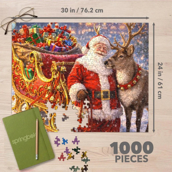 This Springbok Santa's Send Off 1000 Piece Jigsaw Puzzle captures Santa mid-flight, soaring above snow-dusted rooftops in rich, vibrant color. 