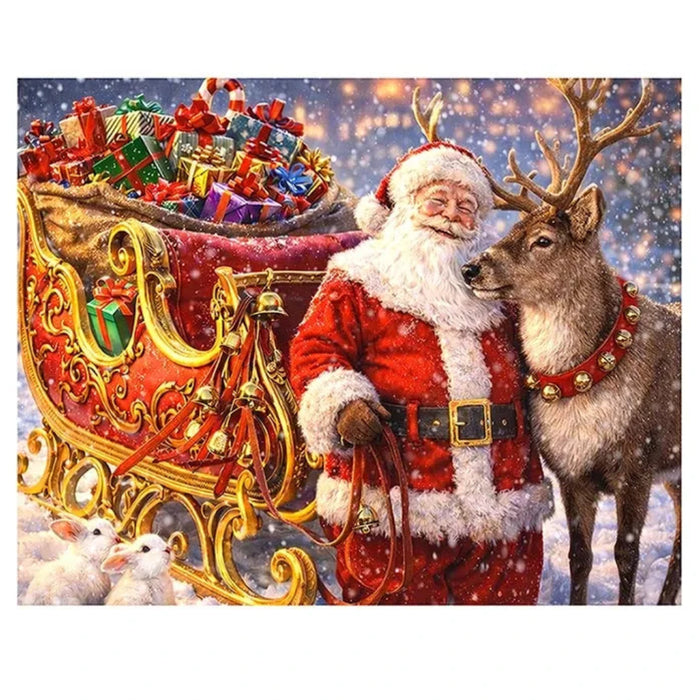 This Springbok Santa's Send Off 1000 Piece Jigsaw Puzzle captures Santa mid-flight, soaring above snow-dusted rooftops in rich, vibrant color. 