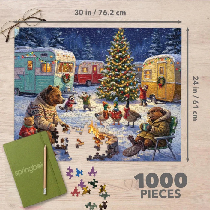 The Springbok Woodland Christmas Campfire 1000 Piece Jigsaw Puzzle brings a cozy winter scene to life