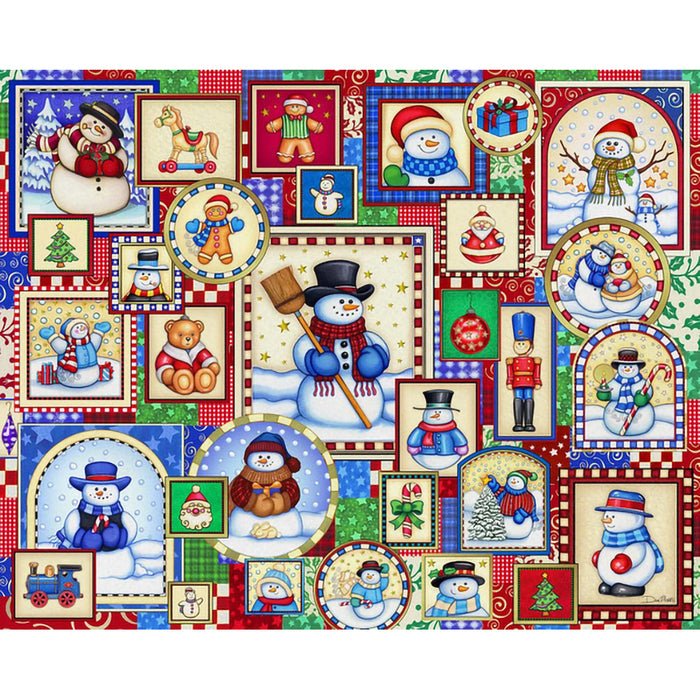 Colorful Christmas-themed fabric with snowmen, toys, and winter scenes.