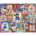 Colorful Christmas-themed fabric with snowmen, toys, and winter scenes.
