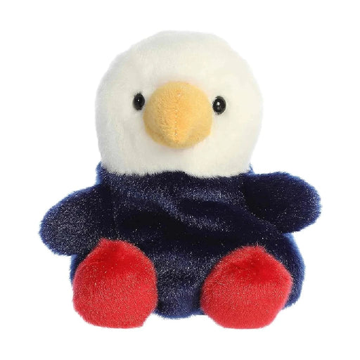 A plush bald eagle toy sitting on a plain white background, showcasing its detailed feathers and beak.