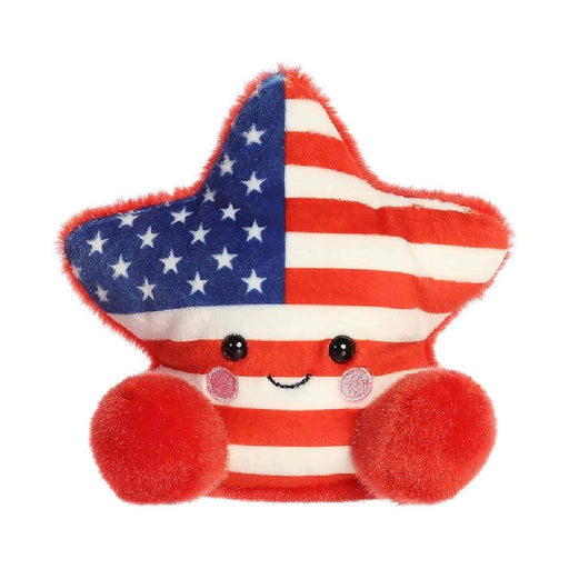 A star-shaped plush toy in red, white, and blue colors, designed for children and decorative purposes.