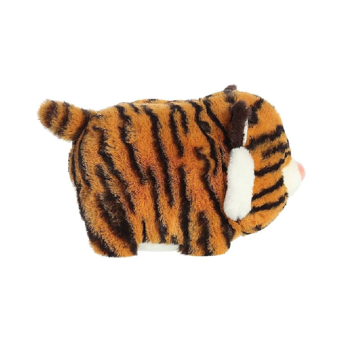 A soft, cuddly tiger toy displayed against a white backdrop.