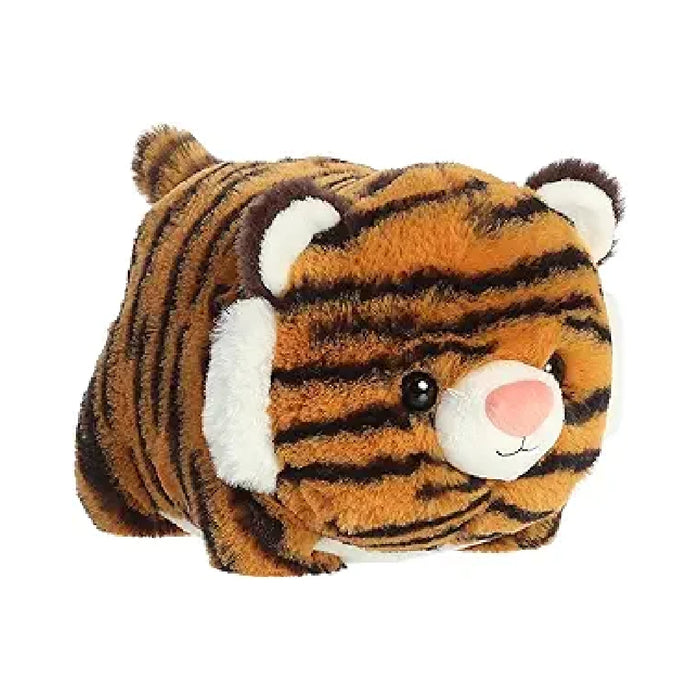 A plush stuffed tiger toy resting on a plain white background.
