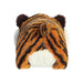 A stuffed tiger toy positioned on a clean white surface.