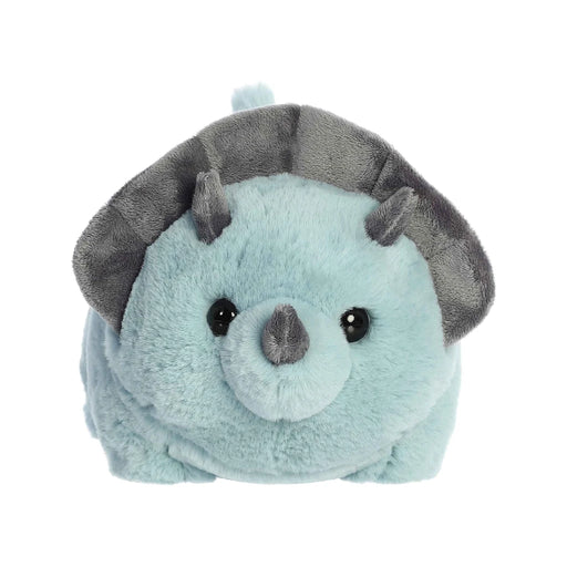 A blue stuffed animal featuring prominent horns on its head, designed for children’s play and comfort.
