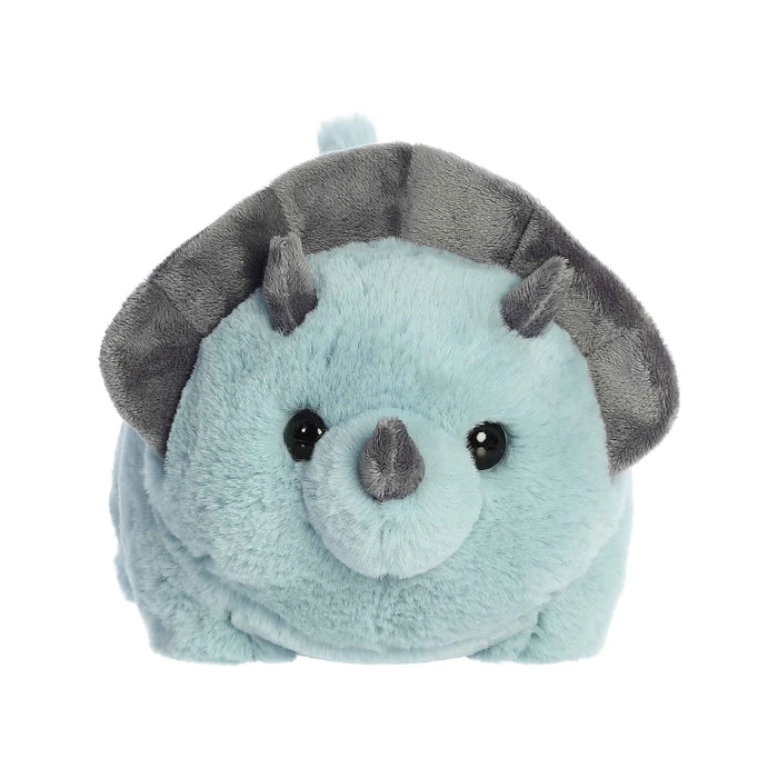 A blue stuffed animal featuring prominent horns on its head, designed for children’s play and comfort.