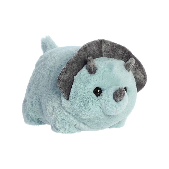 A plush blue creature with distinctive horns atop its head, ideal for cuddling and imaginative play.