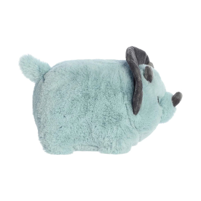 A blue stuffed toy with horned features on its head, perfect for adding charm to a child's collection.