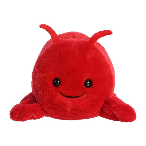 A bright red plush bug with prominent eyes, highlighting its plush texture and playful character.