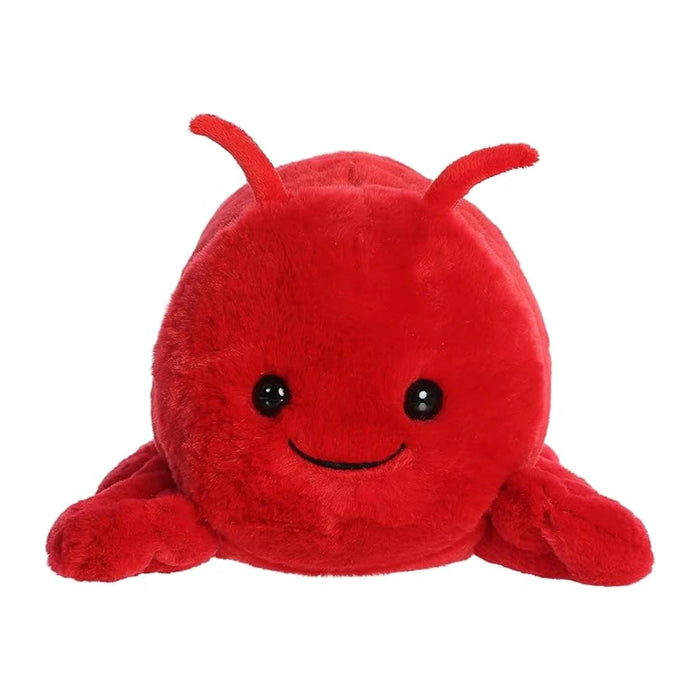 A bright red plush bug with prominent eyes, highlighting its plush texture and playful character.
