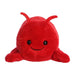 A bright red plush bug with prominent eyes, highlighting its plush texture and playful character.