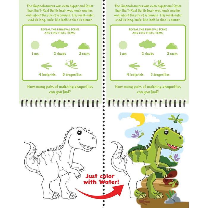 Educational children's book page with dinosaur illustrations and activities on a white background.