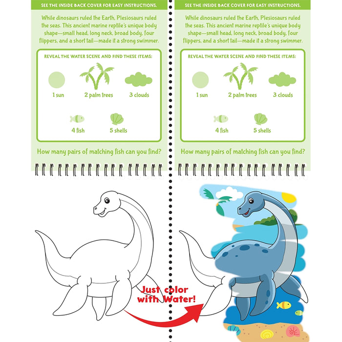 Children's activity book with dinosaur illustrations and coloring page.