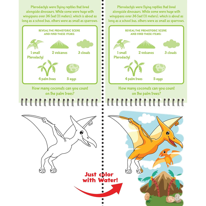 Children's activity book with prehistoric scene and coloring page of a pterodactyl.