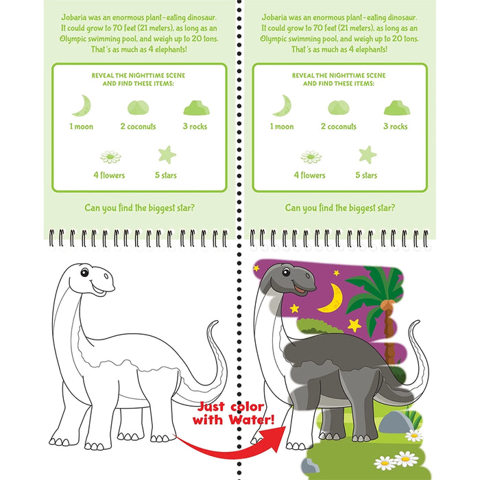 Children's activity book with dinosaur illustrations and coloring page.