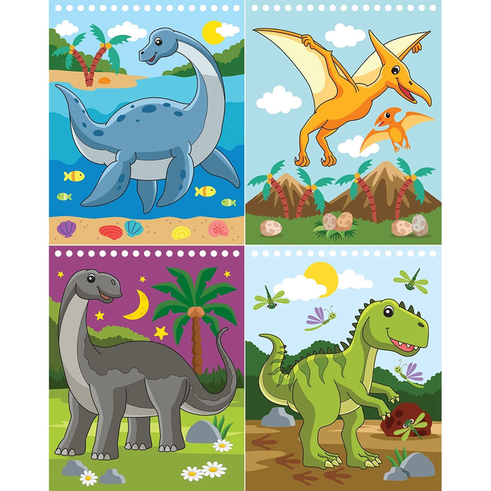 Four cartoon dinosaurs in different settings: underwater, flying, on land with palm trees, and walking with flowers.