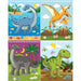 Four cartoon dinosaurs in different settings: underwater, flying, on land with palm trees, and walking with flowers.