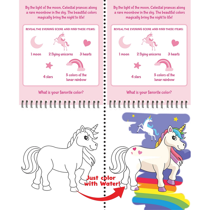 Unicorn-themed coloring book with watercolor activity on a white background
