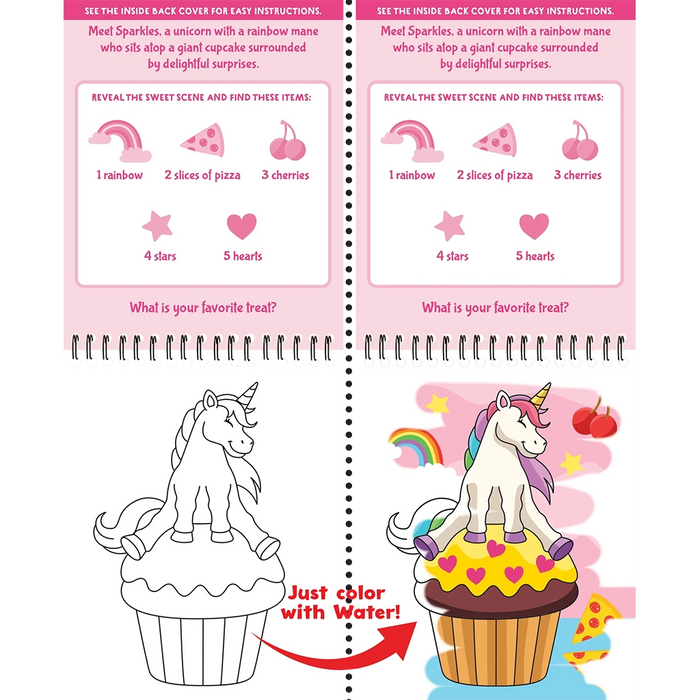 Unicorn coloring book page with watercolor effect and inside back cover text.