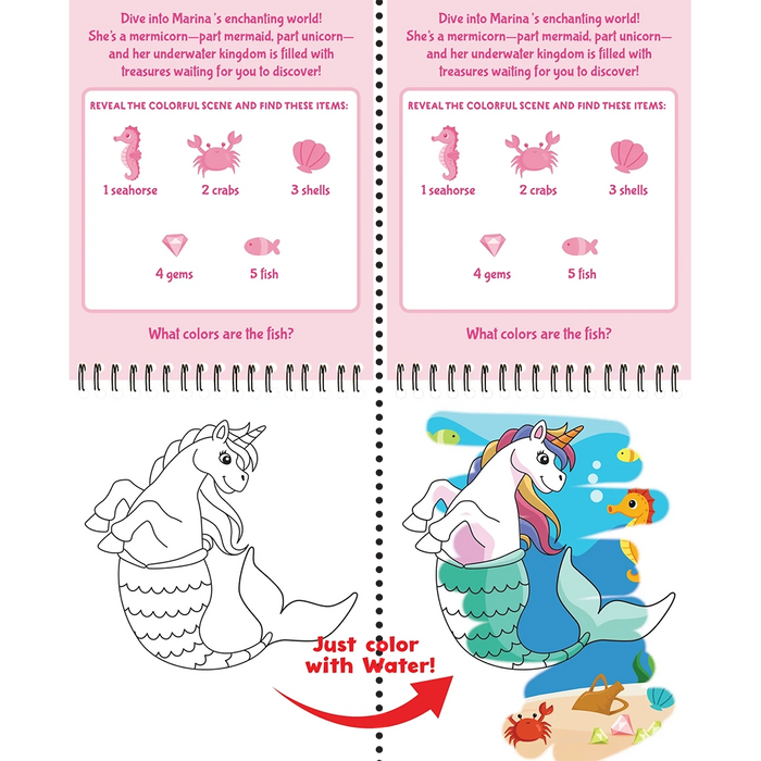 Coloring book page with mermaid and unicorn design, watercolor style.