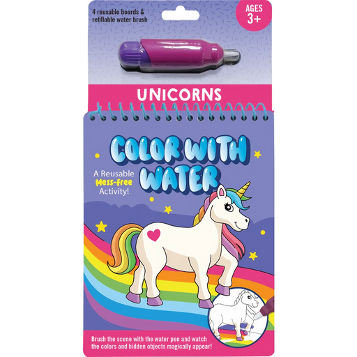 Color with Water kit for unicorns with a pen and notebook on a white background