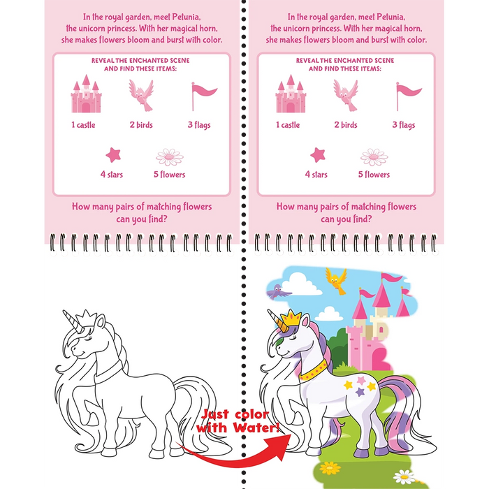 Educational children's book page with unicorn-themed activities on a pink background