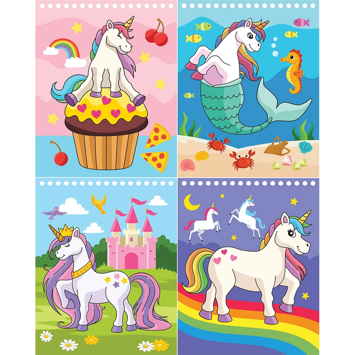 Four colorful illustrations of unicorns in various scenarios on a white background.