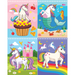 Four colorful illustrations of unicorns in various scenarios on a white background.