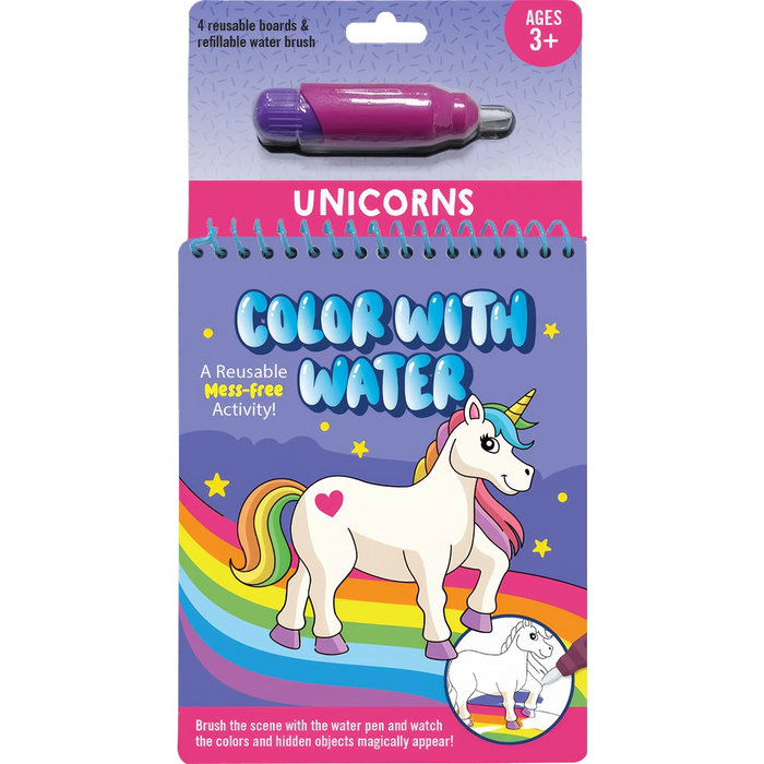 Color with Water kit for unicorns with a pen and notebook on a white background