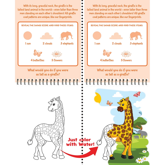 Educational children's book page with giraffe illustrations and activities.