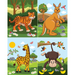 Set of four illustrations featuring a tiger, kangaroo with baby, giraffe, and monkey in a natural setting.