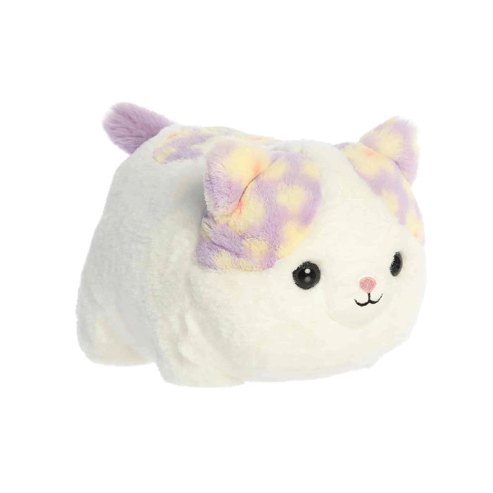 A plush toy of a cat, predominantly white with purple accents, showcasing a cute and cuddly design.