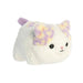 A plush toy of a cat, predominantly white with purple accents, showcasing a cute and cuddly design.