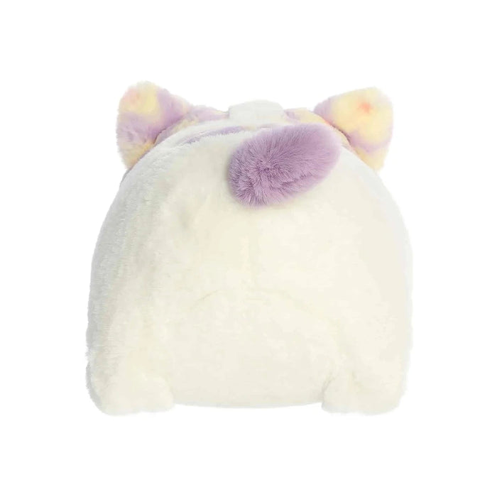 A charming stuffed cat in white and purple, with a round face and small ears, ideal for children.