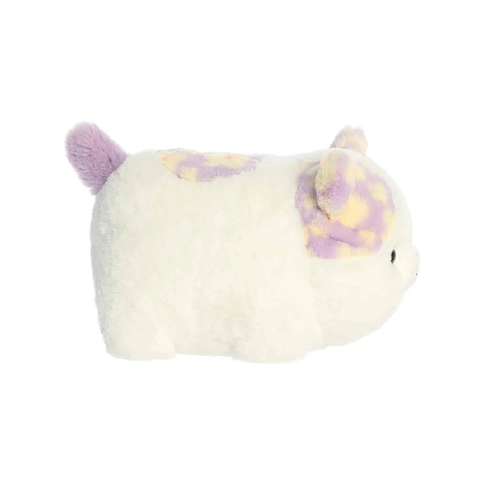 A white and purple cat stuffed animal, designed with a friendly face and soft fur, perfect for hugging.