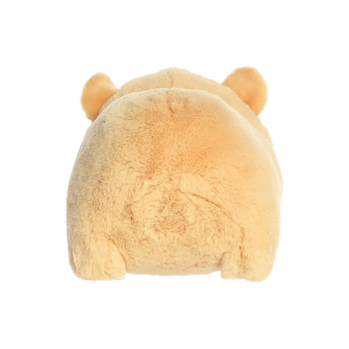 A stuffed hamster is placed on a white background, drawing attention to its charming details and plush material.