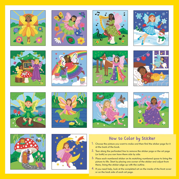 Set of fairy stickers with various poses and scenes on a yellow border