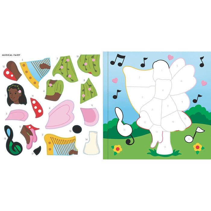 Felt craft kit with pieces for a musical fairy and a completed fairy figure on a blue background.