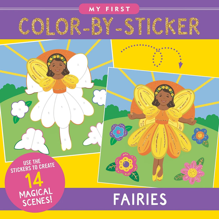 Color-by-sticker book cover with fairies and stickers on a purple and yellow background