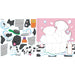 Children's craft kit with dog-themed pieces on a white background