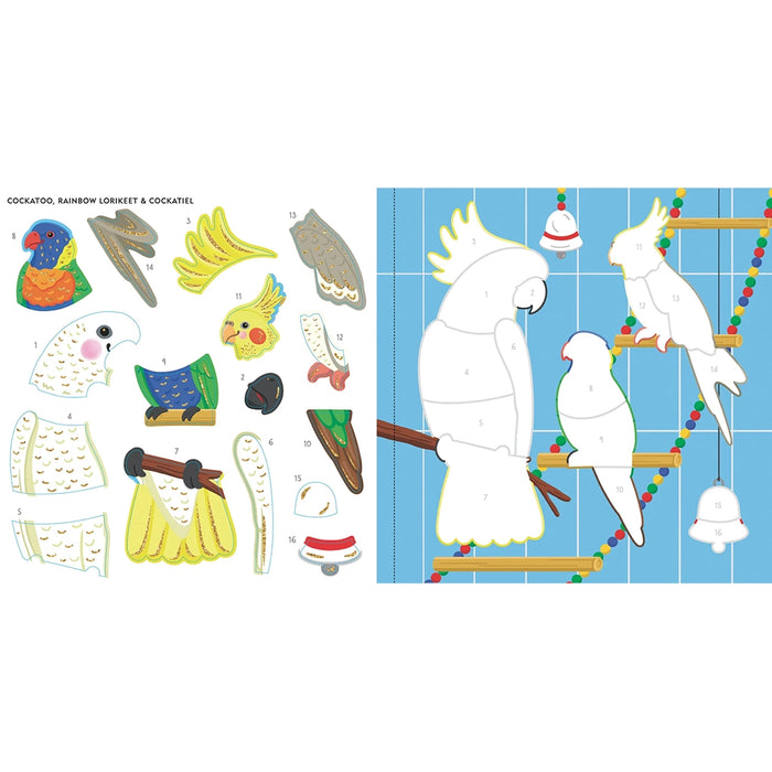 Set of cockatoo-themed stickers with birds and accessories on a white background.