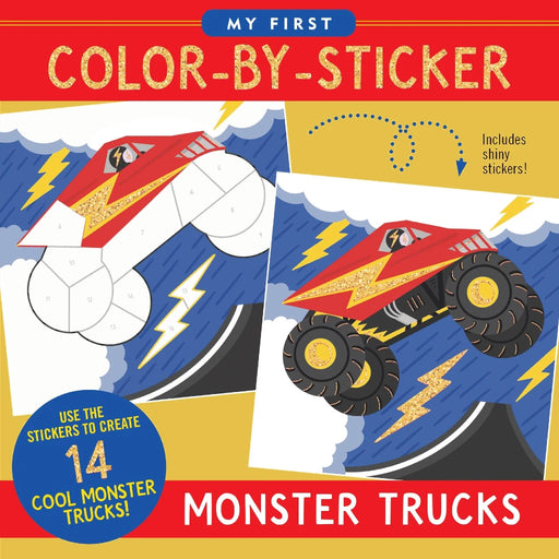 Colorful sticker sheet featuring various monster trucks for creative coloring activities.