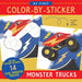 Colorful sticker sheet featuring various monster trucks for creative coloring activities.